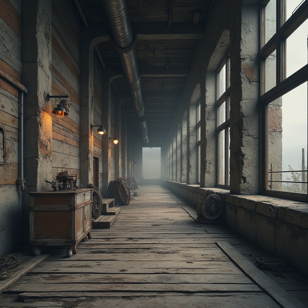 Prompt: Rustic boathouse, brutalist architecture, weathered wood planks, rough-hewn stone walls, industrial metal beams, exposed ductwork, raw concrete floors, distressed wooden docks, nautical ropes, vintage marine equipment, misty waterfront, overcast sky, soft warm lighting, shallow depth of field, 2/3 composition, symmetrical framing, gritty textures, ambient occlusion.