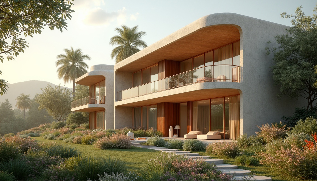 Prompt: Harmonious building facade, curved lines, minimalist design, earthy tones, natural materials, blending with surroundings, lush greenery, vibrant flowers, serene atmosphere, soft warm lighting, shallow depth of field, 3/4 composition, panoramic view, realistic textures, ambient occlusion, organic shapes, fluid transitions, contextual architecture, responsive to climate, sustainable energy solutions, solar panels, water conservation systems, eco-friendly materials, innovative cooling technologies.