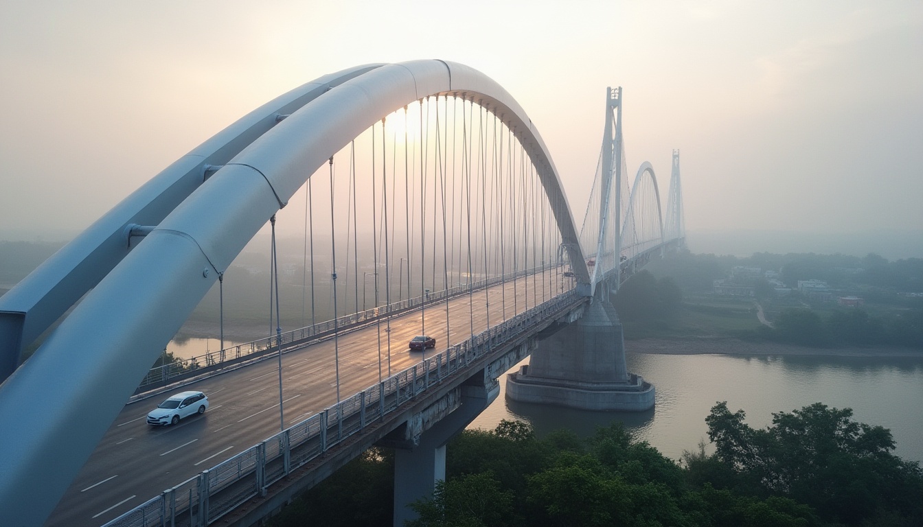 Prompt: Elegant vehicular bridge, sleek modern design, silver metallic surfaces, subtle curves, minimalist railings, LED lighting systems, misty morning atmosphere, soft warm glow, shallow depth of field, 1/1 composition, symmetrical architecture, urban cityscape, concrete roadways, steel beams, cable-stayed suspension, pedestrian walkways, lush greenery, natural stone piers, gentle water flow, serene riverbanks, panoramic view, realistic textures, ambient occlusion.