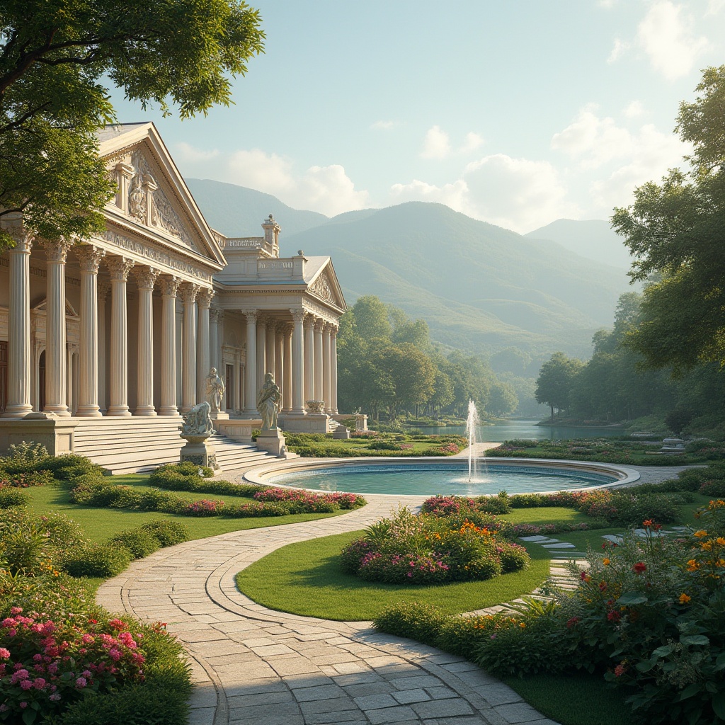 Prompt: Grandiose neoclassical buildings, ornate columns, symmetrical facades, lush greenery, vibrant flowers, rolling hills, serene lakes, walking paths, stone benches, classical sculptures, majestic fountains, subtle warm lighting, shallow depth of field, 3/4 composition, panoramic view, realistic textures, ambient occlusion, harmonious balance between architecture and nature, symmetrical landscape design, curved lines, elegant arches, rusticated bases, ornate cornices, grand entranceways, sweeping staircases.