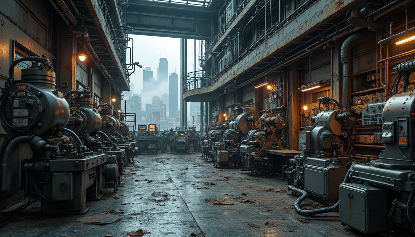 Prompt: Industrial machinery, metallic surfaces, rusted steel beams, worn concrete floors, distressed wood planks, vintage factory equipment, exposed pipes, neon-lit signage, futuristic control panels, sleek aluminum frames, reflective glass windows, urban cityscape, cloudy grey sky, dramatic lighting, high-contrast shadows, cinematic composition, gritty realistic textures, advanced robotic arms, metallic mesh details, intricate mechanical parts, industrial-style color palette.