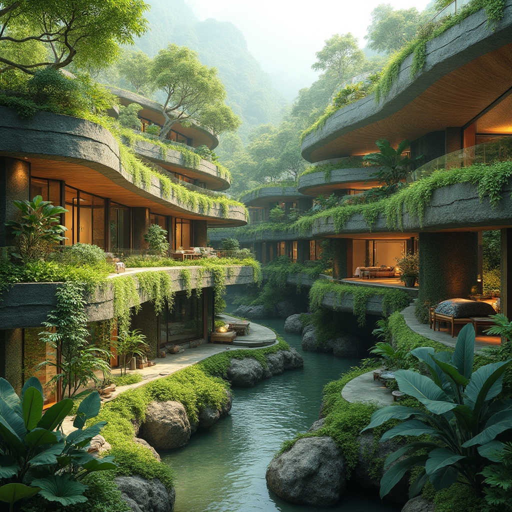 Prompt: Harmonious landscape integration, lush green roofs, verdant walls, natural stone facades, curved lines, organic architecture, seamless transitions, indoor-outdoor flow, panoramic views, floor-to-ceiling windows, sliding glass doors, cantilevered structures, suspended walkways, native plant species, meandering water features, serene ambiance, soft warm lighting, shallow depth of field, 3/4 composition, realistic textures, ambient occlusion.