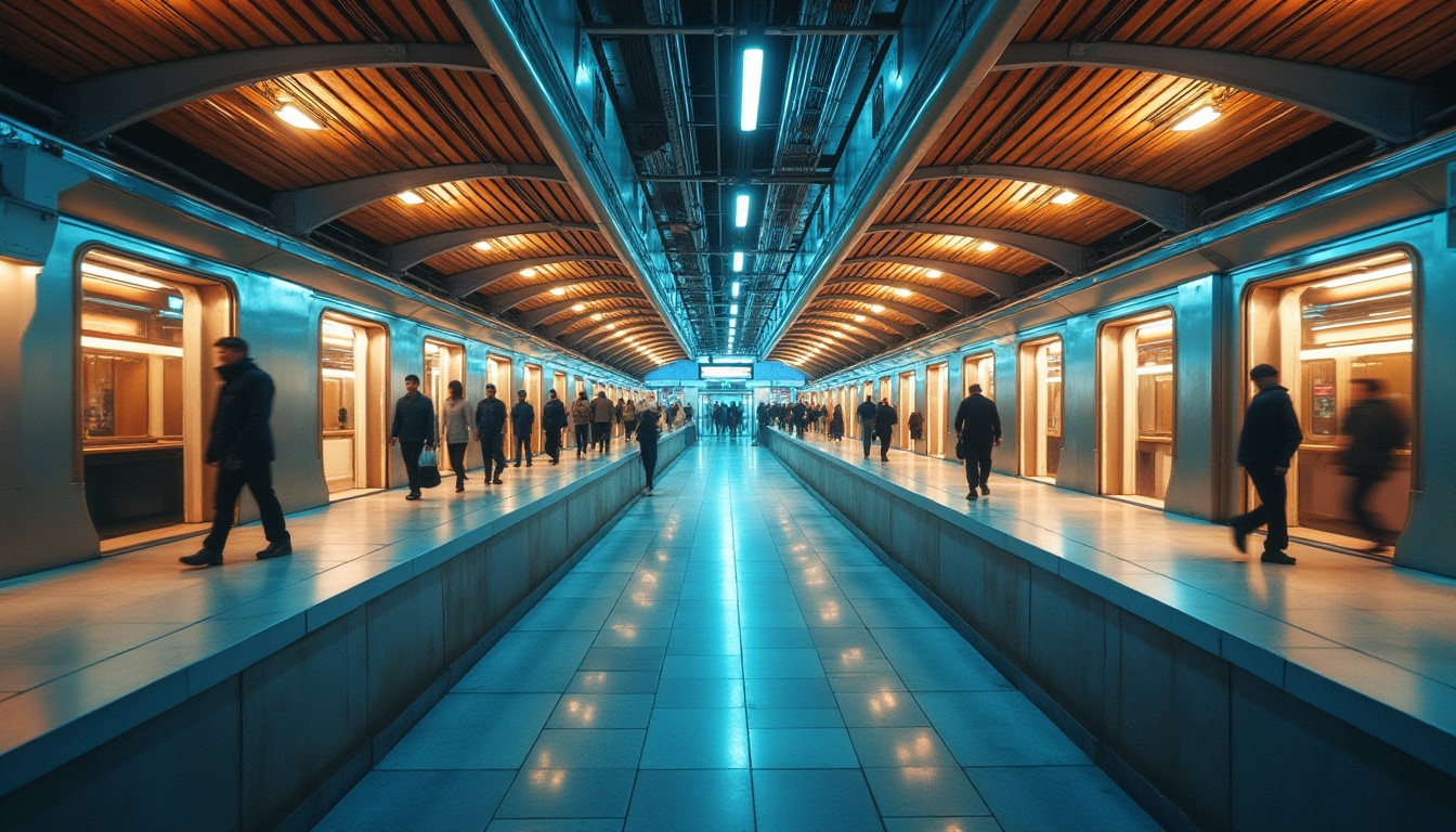 Prompt: Vibrant metro station, modern architecture, sleek lines, stainless steel accents, gleaming glass surfaces, bright LED lighting, calming blue tones, warm beige hues, rich wood textures, industrial metal beams, urban cityscape, bustling atmosphere, rush hour crowds, dynamic movement, fast-paced rhythm, 1/2 composition, dramatic backlighting, realistic reflections, ambient occlusion.