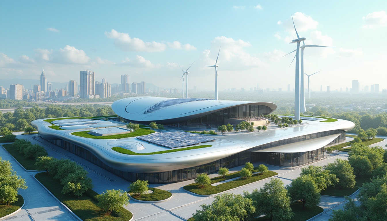 Prompt: Futuristic energy plant, sleek metal fa\u00e7ades, curved lines, solar panels, wind turbines, green roofs, eco-friendly materials, innovative cooling technologies, shaded outdoor spaces, misting systems, modern minimalist design, industrial aesthetic, urban landscape, cityscape background, clear blue sky, warm natural lighting, shallow depth of field, 3/4 composition, realistic textures, ambient occlusion.