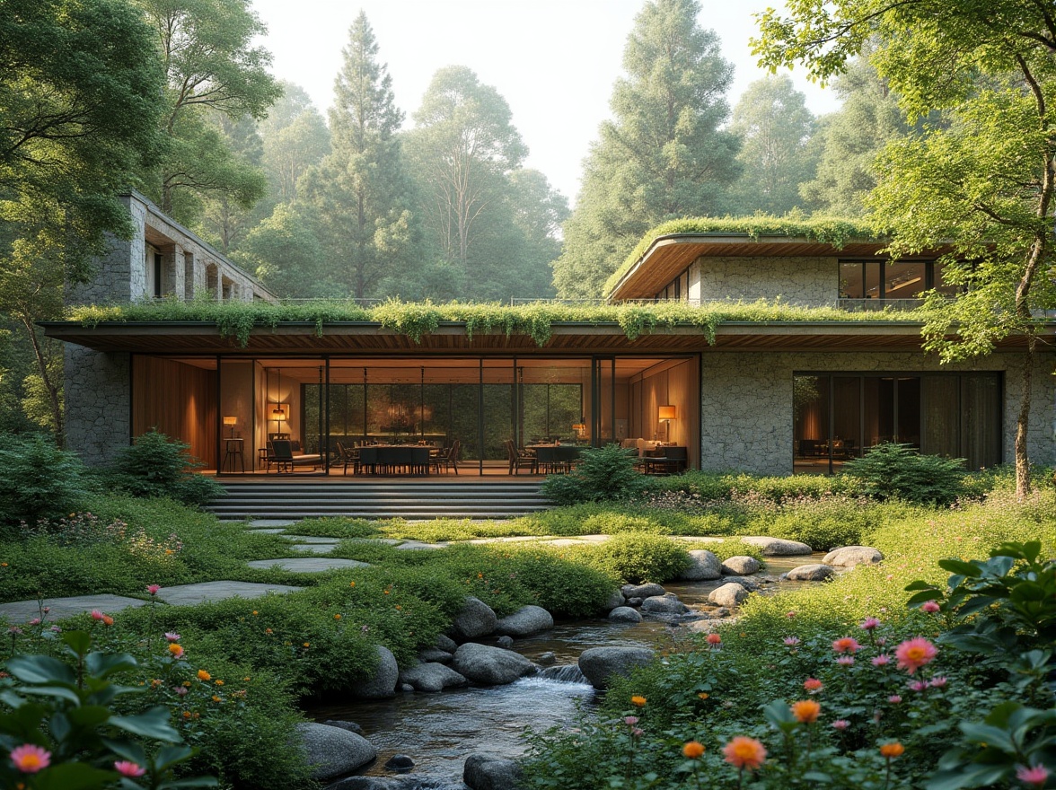 Prompt: Seamless site integration, lush green roofs, living walls, natural stone fa\u00e7ades, curved wooden beams, minimalist modern architecture, floor-to-ceiling windows, sliding glass doors, panoramic views, surrounding forest landscape, mature trees, winding walking trails, babbling brook sounds, vibrant wildflowers, soft warm lighting, 1/2 composition, shallow depth of field, realistic textures, ambient occlusion.