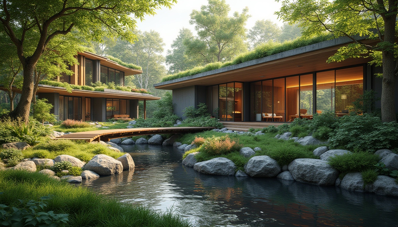 Prompt: Harmonious landscape integration, lush green roofs, native plant species, natural stone walls, curved pathways, meandering streams, serene water features, wooden bridges, organic architecture, earthy tones, seamless transitions, indoor-outdoor connections, floor-to-ceiling windows, sliding glass doors, abundant natural light, warm ambient lighting, shallow depth of field, 2/3 composition, atmospheric perspective, realistic textures, ambient occlusion.