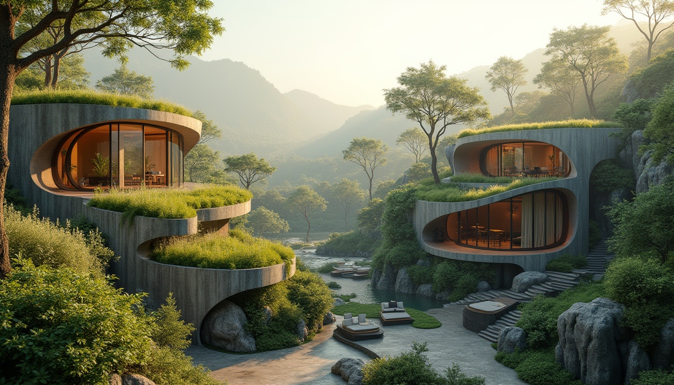 Prompt: Seamless landscape integration, curvaceous green roofs, native plant species, meandering walkways, natural stone walls, minimalist architecture, floor-to-ceiling windows, sliding glass doors, panoramic views, harmonious color palette, earthy tones, organic forms, cantilevered structures, elevated decks, verdant surroundings, misty mornings, warm sunlight, soft focus, atmospheric perspective, 1/1 composition, symmetrical balance.