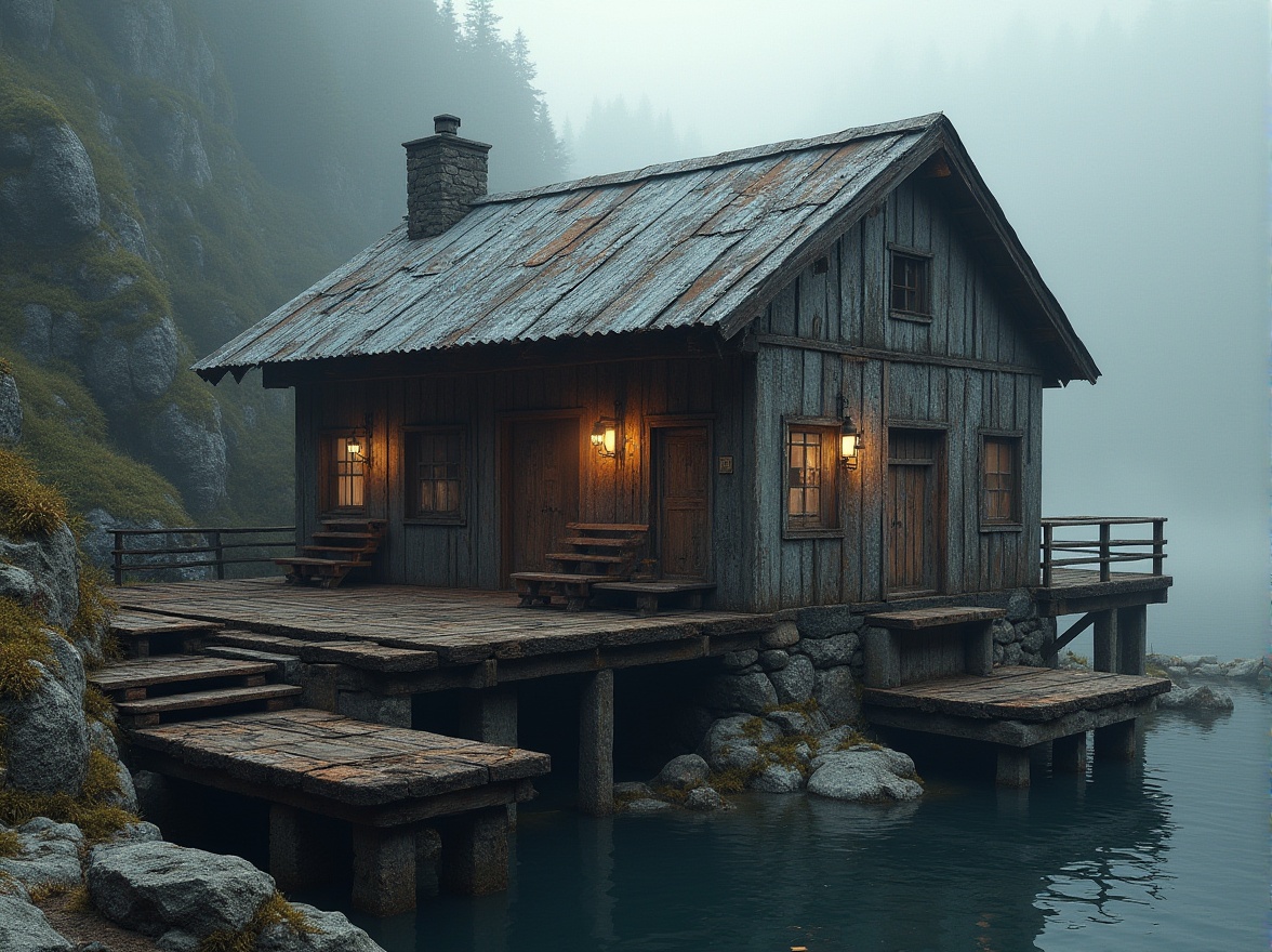 Prompt: Rustic boathouse, weathered wooden planks, rough-hewn stone walls, corrugated metal roofs, rugged industrial textures, distressed concrete foundations, worn wooden docks, moody atmospheric lighting, misty waterfront setting, serene lake views, overgrown vegetation, natural rock formations, brutalist architectural style, raw unfinished materials, earthy color palette, dramatic shadows, low-angle photography, 1/1 composition, realistic rendering.