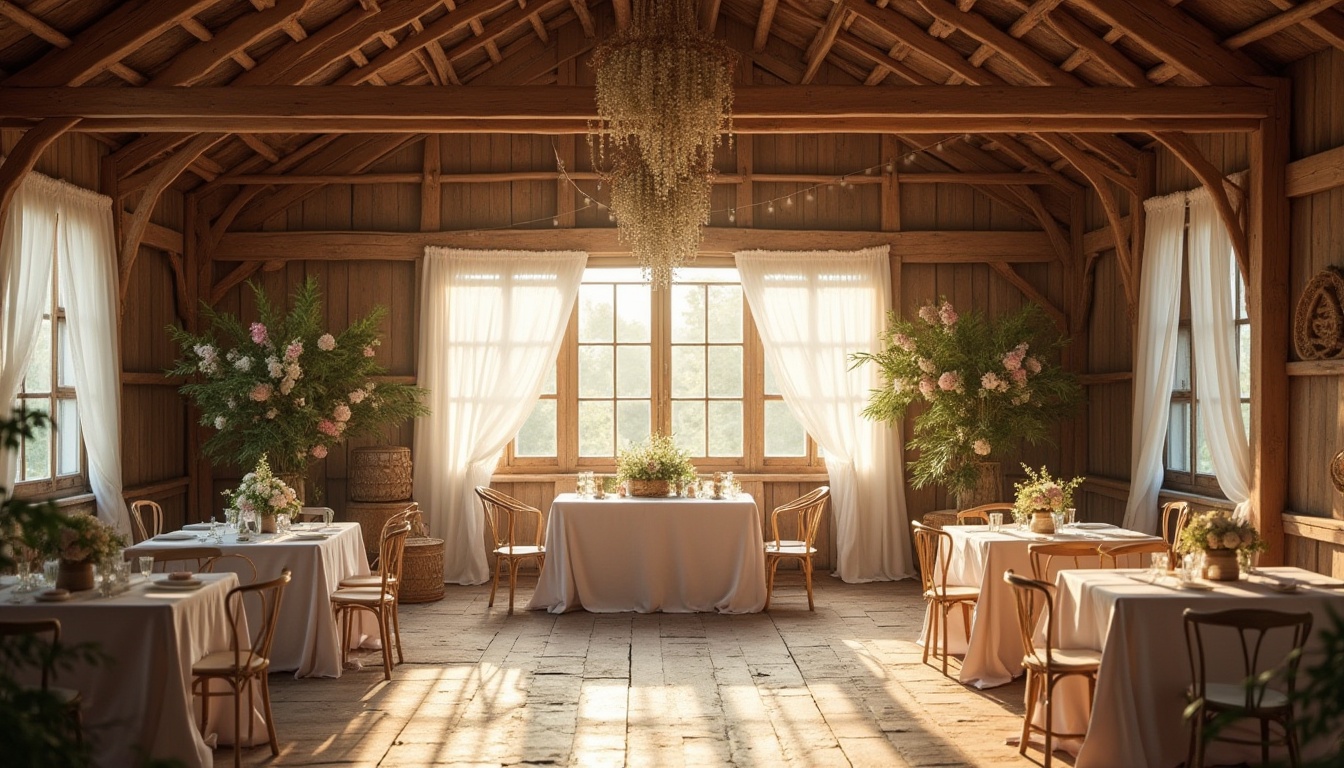 Prompt: Rustic barn, wooden beams, vintage decor, distressed finishes, soft warm lighting, billowy drapes, flowing curtains, lace trimmings, romantic florals, pastel hues, sheer fabrics, natural textures, woven baskets, rattan furniture, earthy tones, morning sunlight, gentle breeze, 1/1 composition, intimate atmosphere, dreamy ambiance.