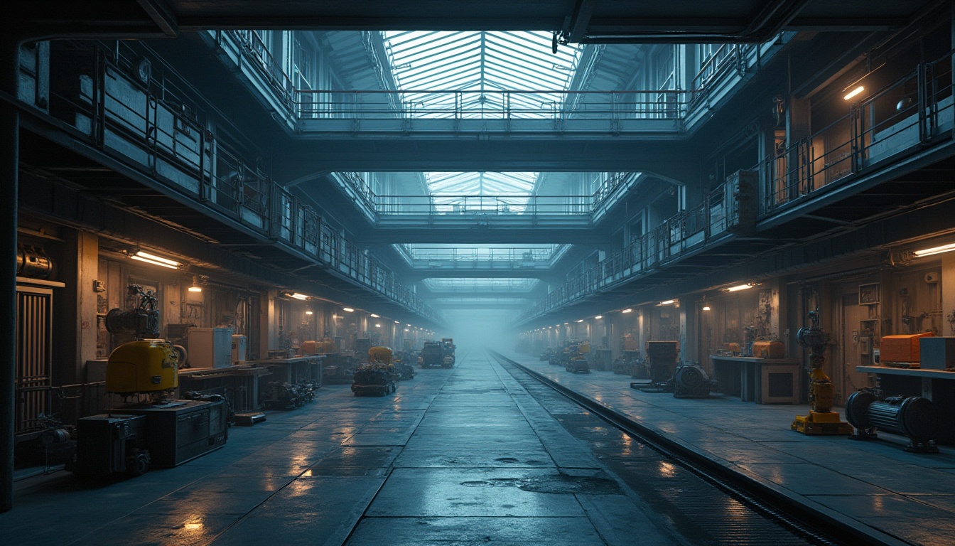 Prompt: Industrial factory setting, futuristic machinery, metallic structures, neon lighting, sleek catwalks, elevated walkways, cargo cranes, robotic arms, conveyor belts, minimalist decor, functional layouts, open spaces, high ceilings, exposed ductwork, concrete floors, steel beams, urban landscape views, dramatic shadows, moody atmospheric lighting, 1/2 composition, low-angle shot, cinematic mood, realistic textures, ambient occlusion.