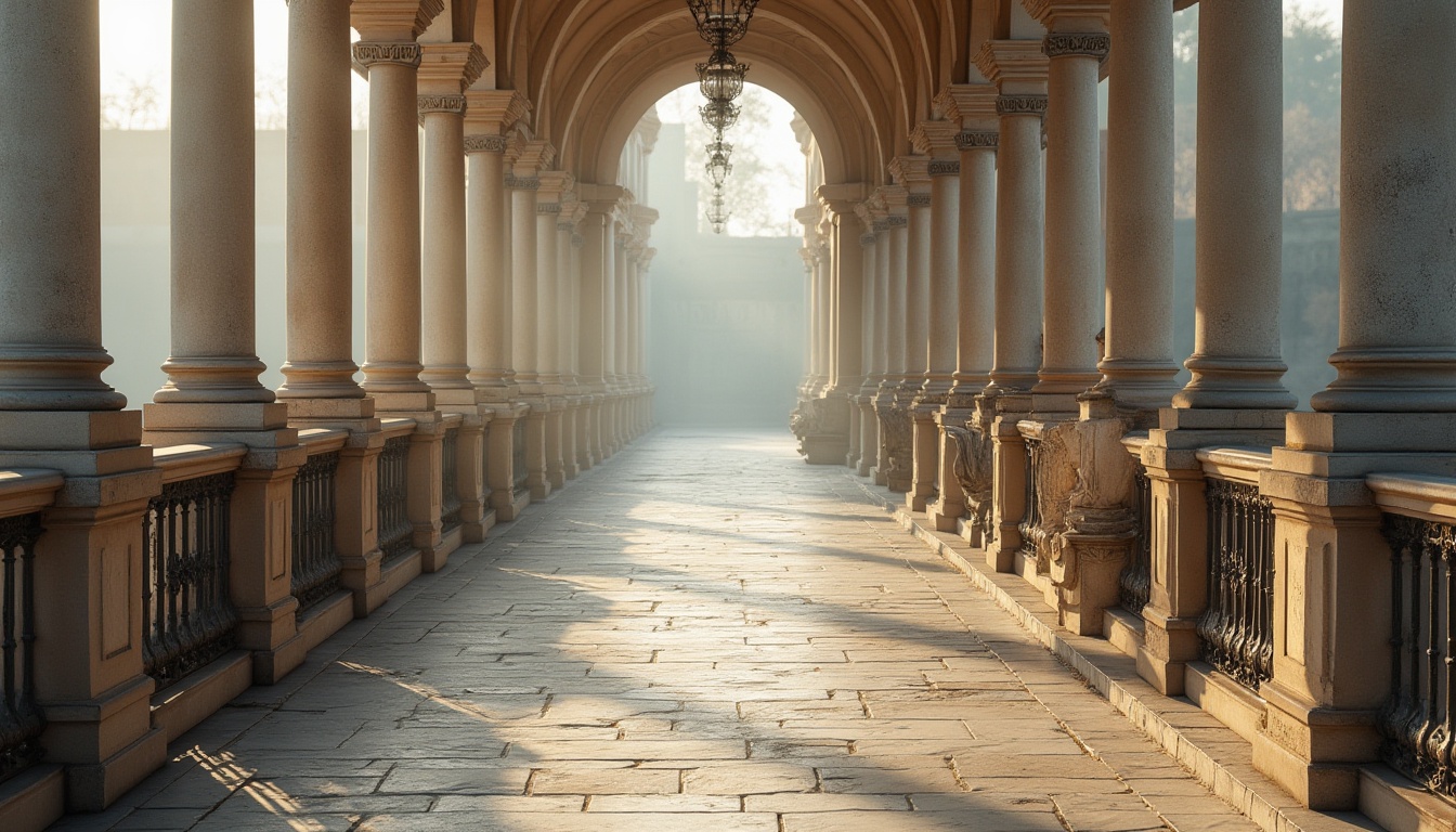 Prompt: Ornate pedestrian bridge, grandiose arches, ornamental balustrades, classic columns, symmetrical composition, rustic stone piers, weathered bronze railings, lantern-style lighting, intricate carvings, ornate metalwork, subtle gradations of beige and gray, misty morning atmosphere, soft warm lighting, shallow depth of field, 1/2 composition, realistic textures, ambient occlusion.