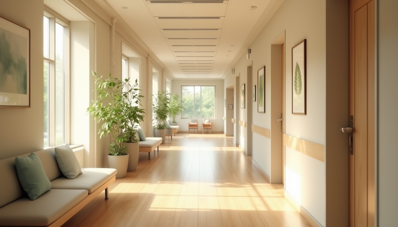 Prompt: Calming hospital corridors, soft beige walls, polished wooden floors, comfortable waiting areas, gentle curves, soothing colors, natural light pouring in, warm ambiance, cozy seating nooks, subtle textures, minimalist decor, clean lines, functional layouts, efficient navigation, spacious rooms, private patient quarters, acoustic comfort, reduced noise levels, airy atriums, lush greenery, calming artwork, peaceful atmosphere, shallow depth of field, 1/2 composition, softbox lighting, realistic renderings.