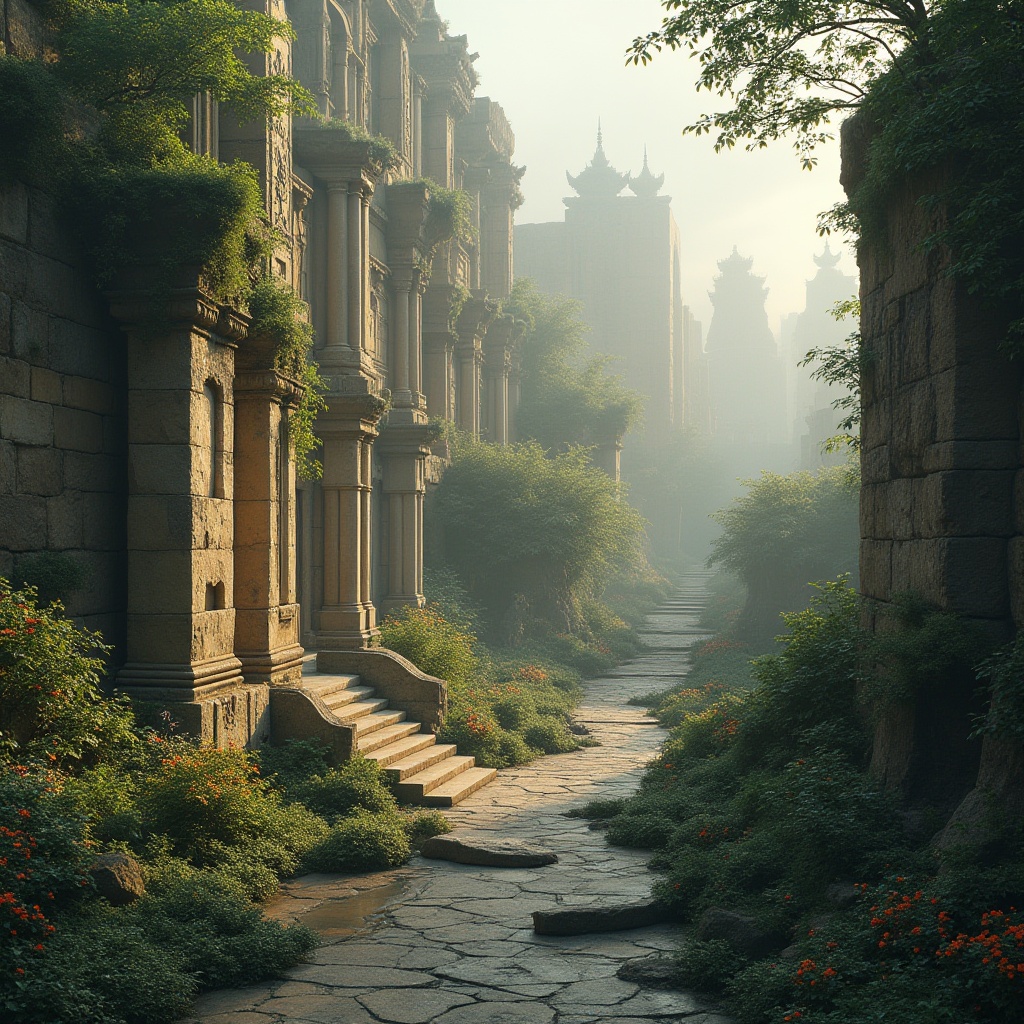 Prompt: Ancient monument ruins, majestic stone columns, intricately carved reliefs, lush greenery overgrowth, vibrant blooming flowers, winding stepped pathways, weathered stone walls, mystical foggy atmosphere, soft warm golden lighting, 3/4 composition, panoramic view, realistic textures, ambient occlusion, modern fusion architecture, sleek metal accents, curved glass surfaces, minimalist design, innovative material integration, natural stone cladding, water feature installations, scenic viewing platforms, dramatic nighttime illumination.