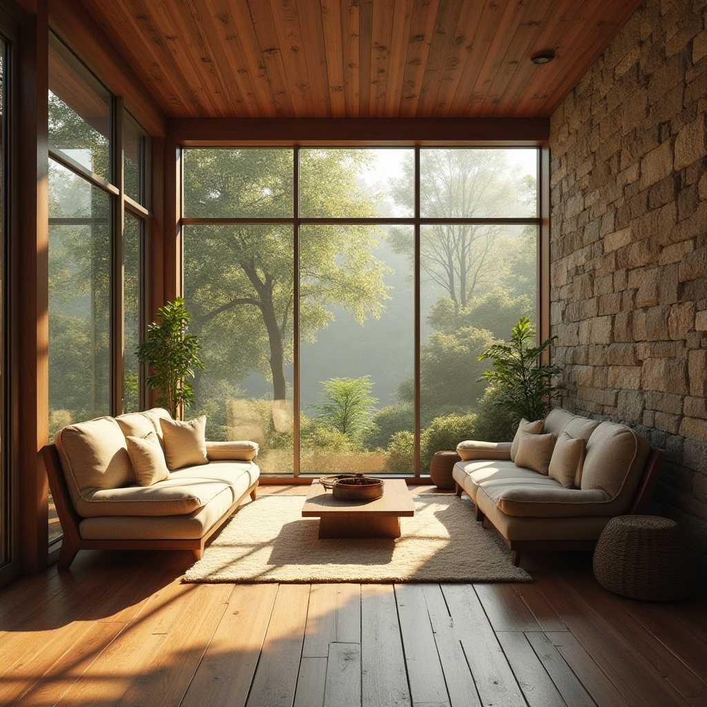 Prompt: Cozy living room, large windows, soft warm lighting, natural stone walls, wooden flooring, comfortable sofas, greenery views, morning sunlight, gentle shadows, 1/1 composition, shallow depth of field, realistic textures, ambient occlusion.