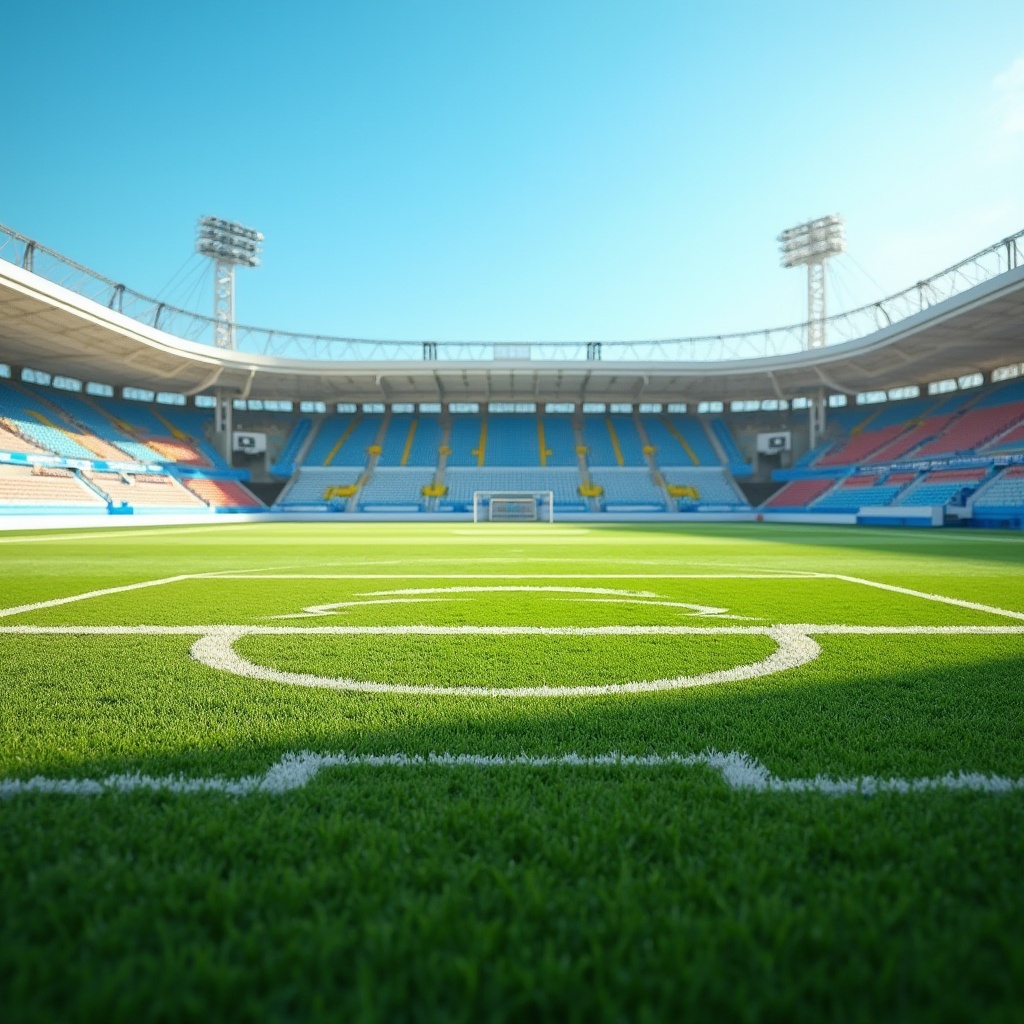 Prompt: Vibrant sports field, lush green grass, bright white markings, bold blue goalposts, energetic yellow lines, dynamic red accents, sturdy metal bleachers, modern floodlights, clear blue sky, warm sunny day, shallow depth of field, 3/4 composition, panoramic view, realistic textures, ambient occlusion.