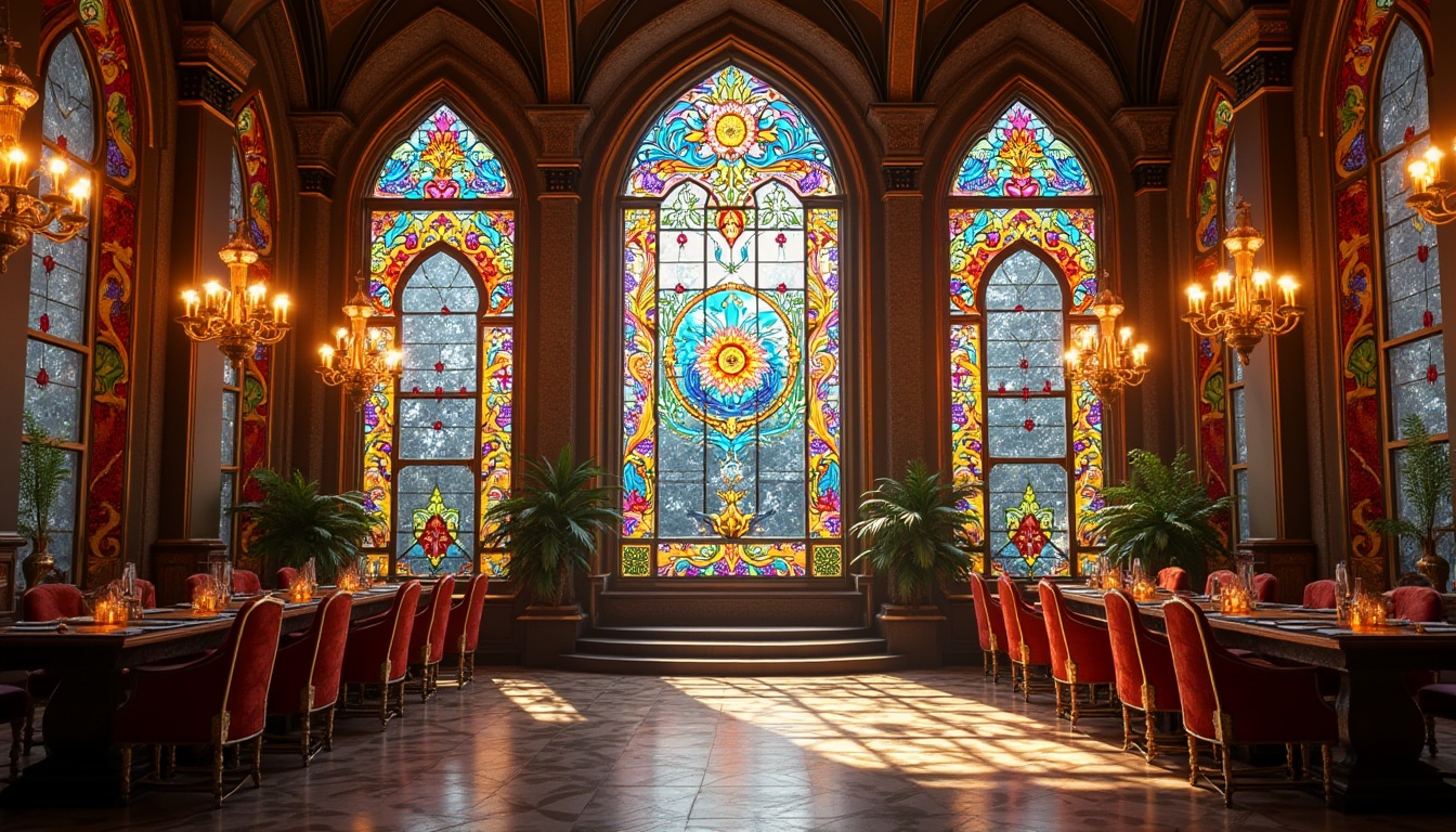 Prompt: Vibrant stained glass artwork, geometric patterns, bold colors, ornate designs, luxurious decorations, opulent chandeliers, grandiose architecture, lavish furnishings, metallic accents, intricate mosaics, kaleidoscope effects, symmetrical compositions, bright ambient lighting, warm golden tones, soft focus, 1/2 composition, shallow depth of field, realistic reflections.