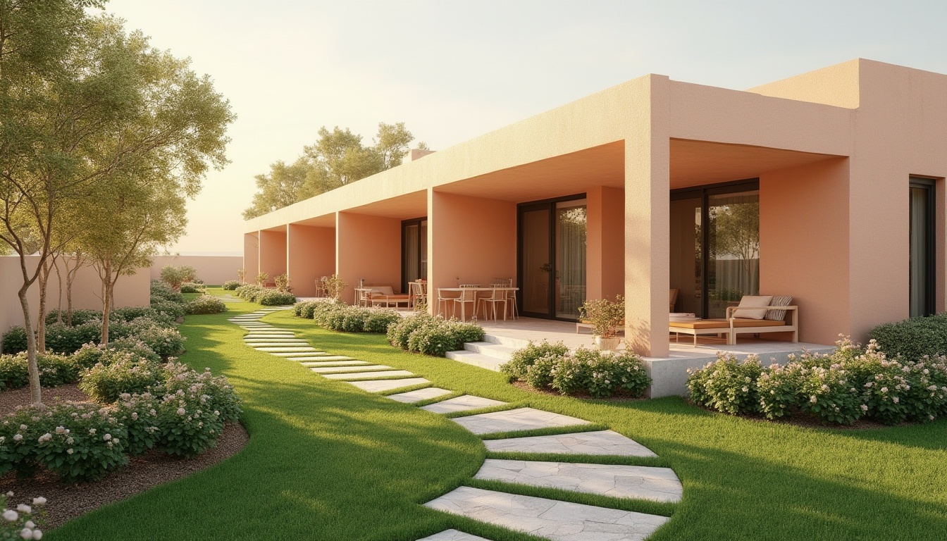 Prompt: Soft peach tone walls, warm beige roofs, lush green lawns, vibrant flower beds, natural stone pathways, modern minimalist architecture, large windows, sliding glass doors, cozy porches, outdoor seating areas, gentle afternoon sunlight, soft warm lighting, shallow depth of field, 3/4 composition, panoramic view, realistic textures, ambient occlusion.