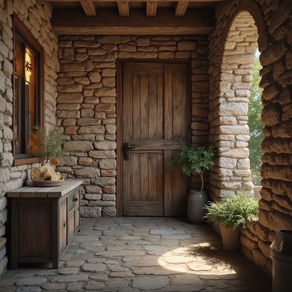 Prompt: Rustic stone walls, distressed wooden planks, rough-hewn brick facades, earthy tones, natural textures, organic patterns, aged metal accents, vintage decorative elements, warm ambient lighting, shallow depth of field, 1/2 composition, realistic renderings, atmospheric perspective.