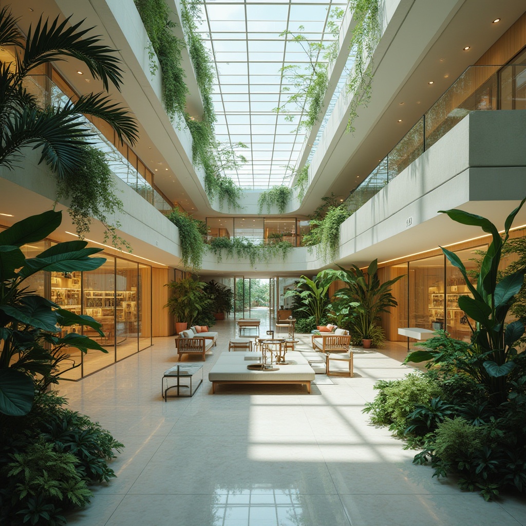 Prompt: Vibrant atrium, lush greenery, clerestory windows, skylights, reflective surfaces, polished marble floors, minimalist interior design, open-plan living spaces, sliding glass doors, cantilevered roofs, solar tubes, light wells, north-facing orientation, transparent facades, frosted glass panels, LED lighting accents, warm color schemes, ambient occlusion, softbox lighting, 1/1 composition, realistic textures.