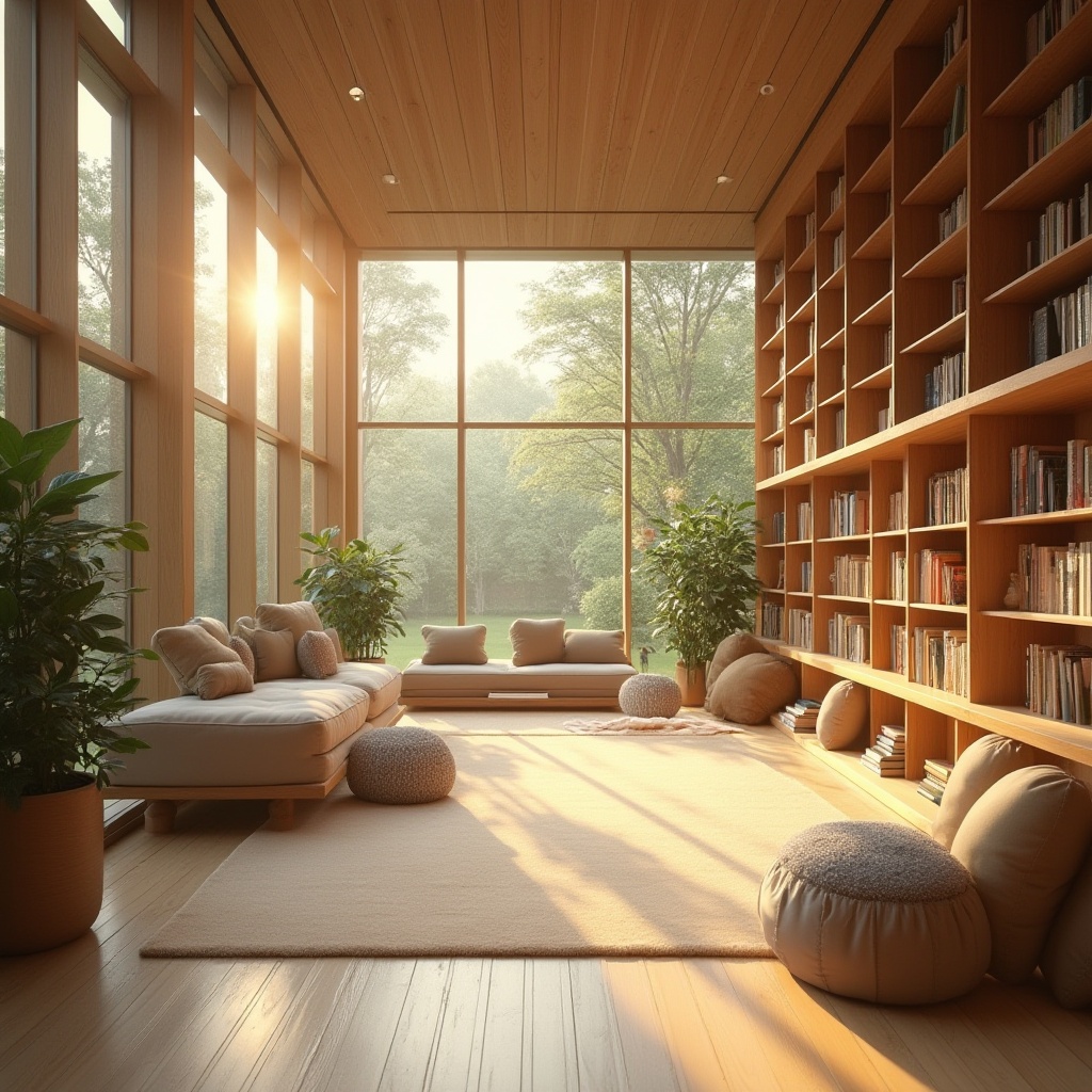 Prompt: Cozy library interior, abundant natural light, floor-to-ceiling windows, wooden shelves, comfortable reading nooks, soft cushions, warm beige tones, gentle morning sunlight, diffused overhead lighting, warm color temperature, inviting atmosphere, peaceful ambiance, minimal decor, subtle texture variations, 1/2 composition, shallow depth of field, realistic wood grain, ambient occlusion.