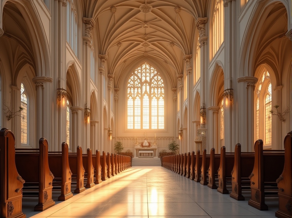 Prompt: Elegant church interior, stunning stained glass windows, high ceilings, grand arches, ornate details, soft warm lighting, abundant natural light, clerestory windows, skylights, lanterns, minimalist decor, neutral color palette, creamy marble floors, wooden pews, intricate carvings, dramatic shadows, 1/2 composition, low-angle shot, warm golden hour, realistic textures, ambient occlusion.