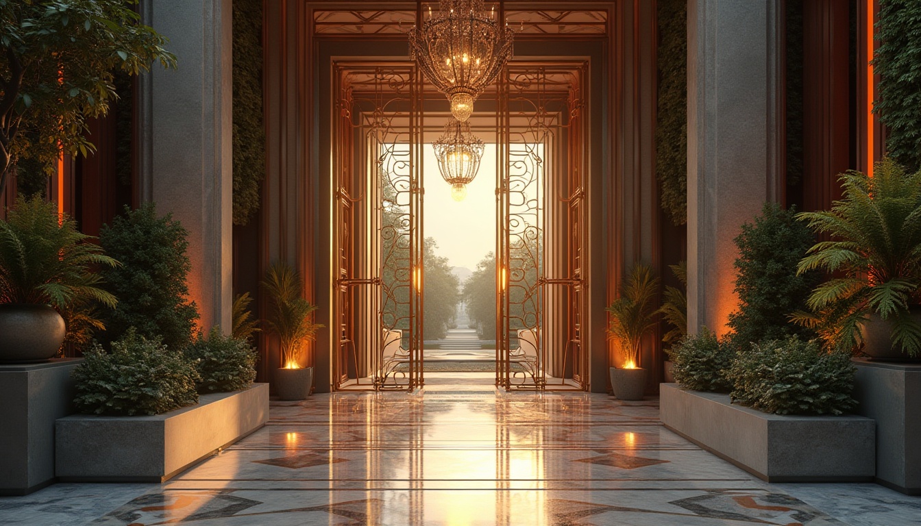 Prompt: Grand entrance gates, ornate metal doors, imposing stone columns, elegant archways, sophisticated glass facades, modern minimalist lines, vibrant LED lighting, dynamic water features, lush green walls, rustic wooden accents, intricate mosaics, luxurious marble floors, soaring ceiling heights, dramatic shadow effects, low-angle photography, 1/2 composition, warm golden hour lighting, realistic material textures.