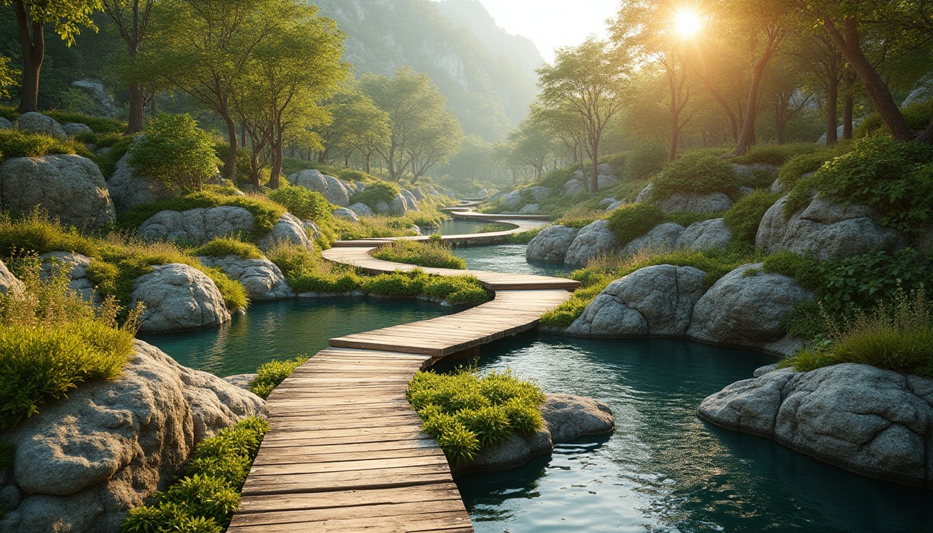 Prompt: Seamless landscape integration, organic curves, native plant species, meandering water features, natural stone pathways, wooden bridges, earthy tones, blended boundaries, eco-friendly materials, sustainable design, minimal visual impact, immersive experience, serene atmosphere, warm sunlight, soft shadows, 1/2 composition, atmospheric perspective, realistic textures, ambient occlusion.