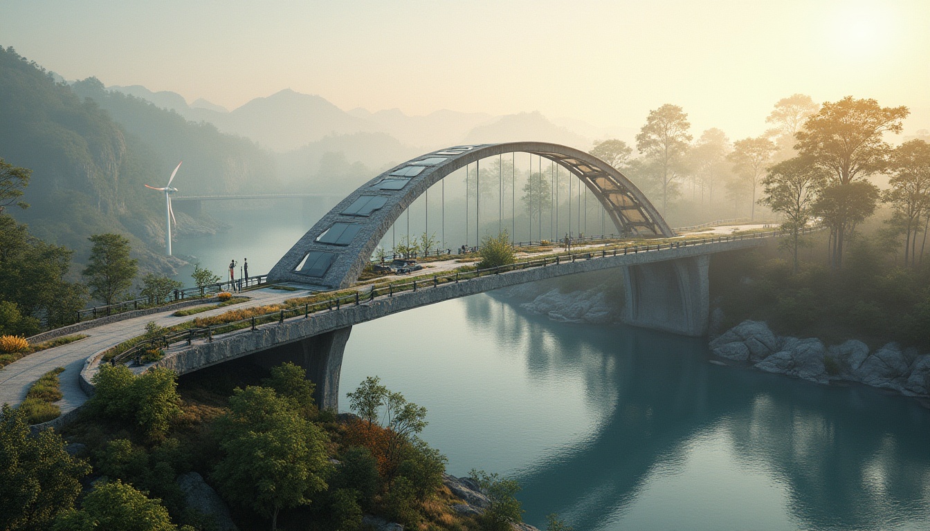 Prompt: Eco-friendly bridge, curved steel arches, natural stone foundations, recycled metal railings, solar-powered lighting systems, wind turbine energy harvesting, green roofs with native vegetation, efficient water drainage systems, minimalist design, innovative materials, low-carbon footprint, scenic river views, misty mornings, soft warm lighting, shallow depth of field, 3/4 composition, panoramic view, realistic textures, ambient occlusion.