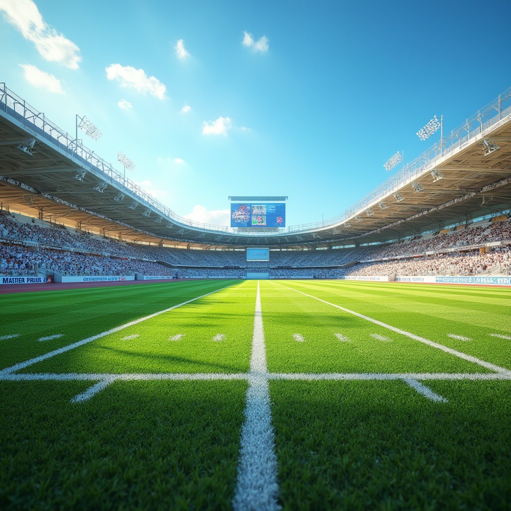 Prompt: Vibrant sports stadium, lush green grass, bold white lines, bright blue sky, dynamic scoreboard displays, modern athletic track, sleek metal bleachers, sturdy chain-link fences, colorful team logos, energetic crowd atmosphere, warm sunny day, soft natural lighting, shallow depth of field, 2/3 composition, panoramic view, realistic textures, ambient occlusion.Please let me know if this meets your requirements!