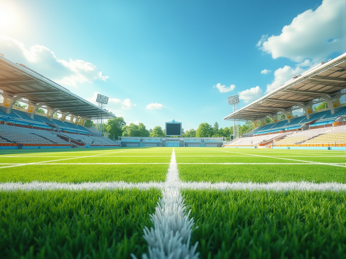 Prompt: Vibrant sports field, lush green grass, bold white lines, bright yellow goalposts, sky blue accents, energetic orange track lanes, sturdy metal fences, natural wood bleachers, modern LED scoreboards, sunny day, soft warm lighting, shallow depth of field, 3/4 composition, panoramic view, realistic textures, ambient occlusion.