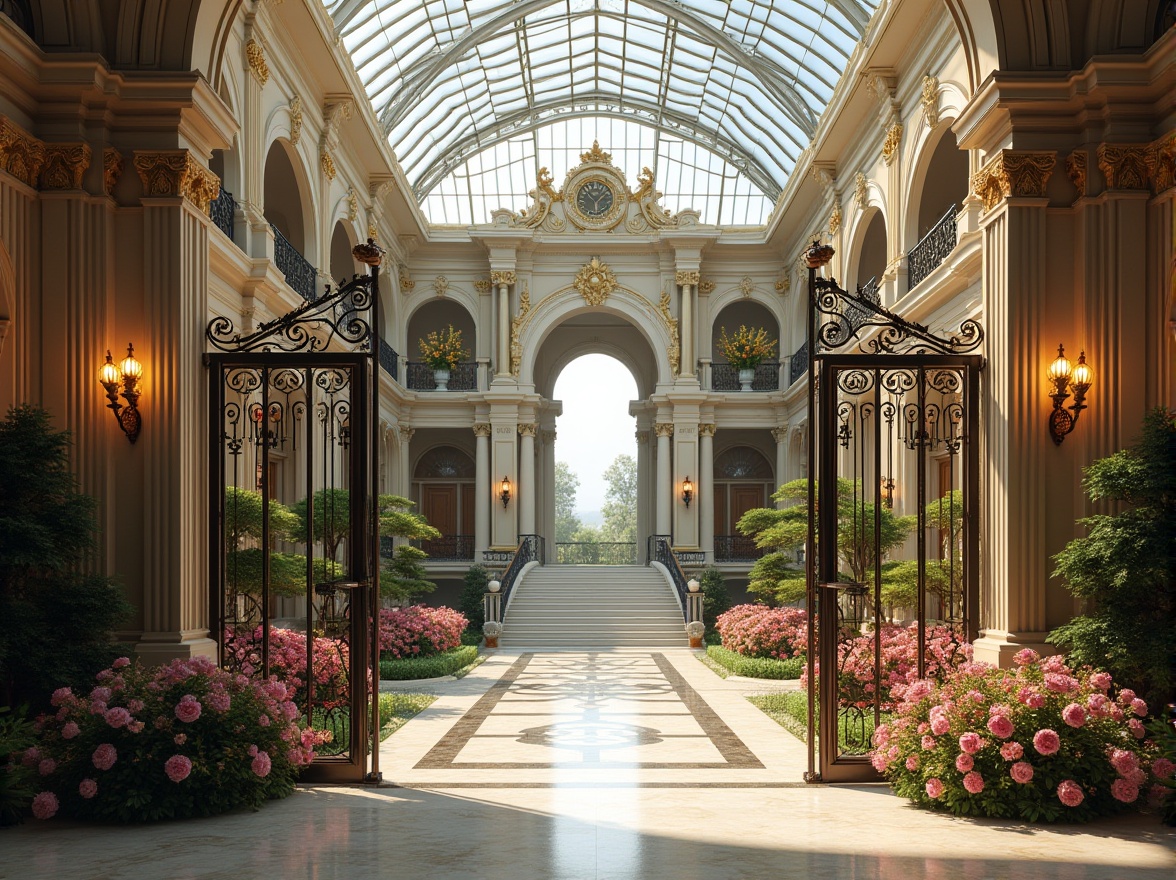 Prompt: Grand entrance gates, ornate metalwork, majestic archways, imposing stone columns, lavish fountains, vibrant flower arrangements, symmetrical landscaping, elegant lanterns, polished marble floors, sweeping staircases, dramatic chandeliers, luxurious velvet drapes, opulent gold accents, stately clock towers, panoramic glass roofs, natural light pouring in, shallow depth of field, 3/4 composition, realistic textures.