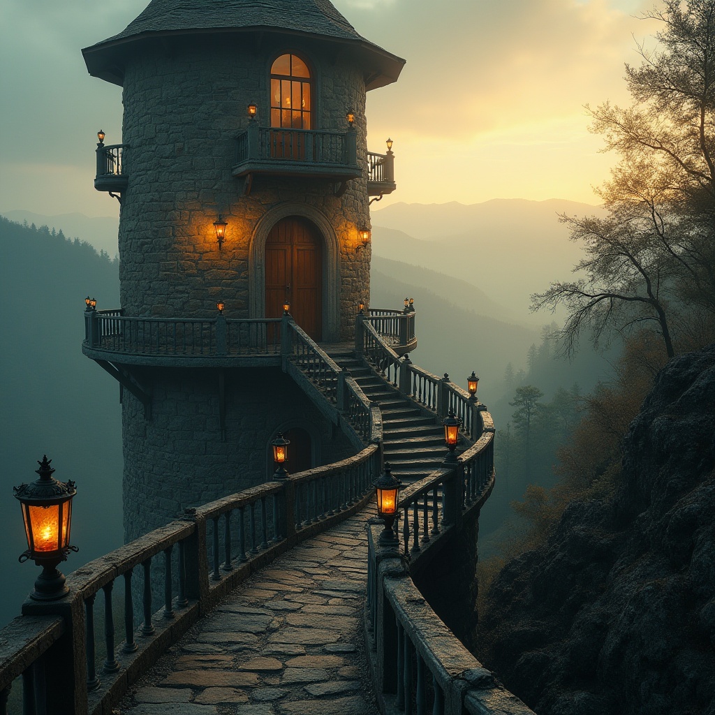 Prompt: Majestic watchtower, ancient stone walls, worn wooden doors, mystical lanterns, winding staircases, ornate metal railings, panoramic views, rolling hills, dense forests, misty mornings, warm golden lighting, atmospheric fog, mysterious shadows, 3/4 composition, cinematic view, detailed textures, ambient occlusion.