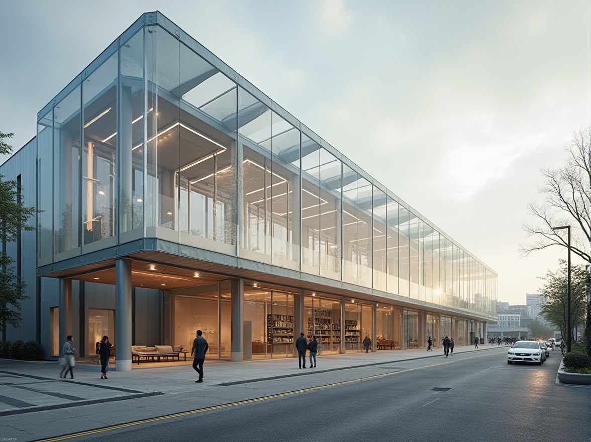 Prompt: Modern building, translucent facade, diffused natural light, minimalist interior design, open floor plan, sleek metal framework, cantilevered rooflines, urban cityscape, cloudy day, soft warm lighting, shallow depth of field, 3/4 composition, panoramic view, realistic glass textures, ambient occlusion.