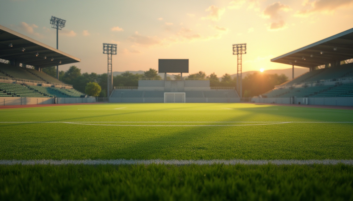 Prompt: Natural grass fields, rolling hills, athletic tracks, soccer goals, tennis courts, basketball hoops, volleyball nets, baseball diamonds, softball fields, bleacher seating, scoreboard displays, sports lighting systems, evening sunset, warm golden hour, soft focus background, shallow depth of field, 2/3 composition, panoramic view, realistic textures, ambient occlusion.