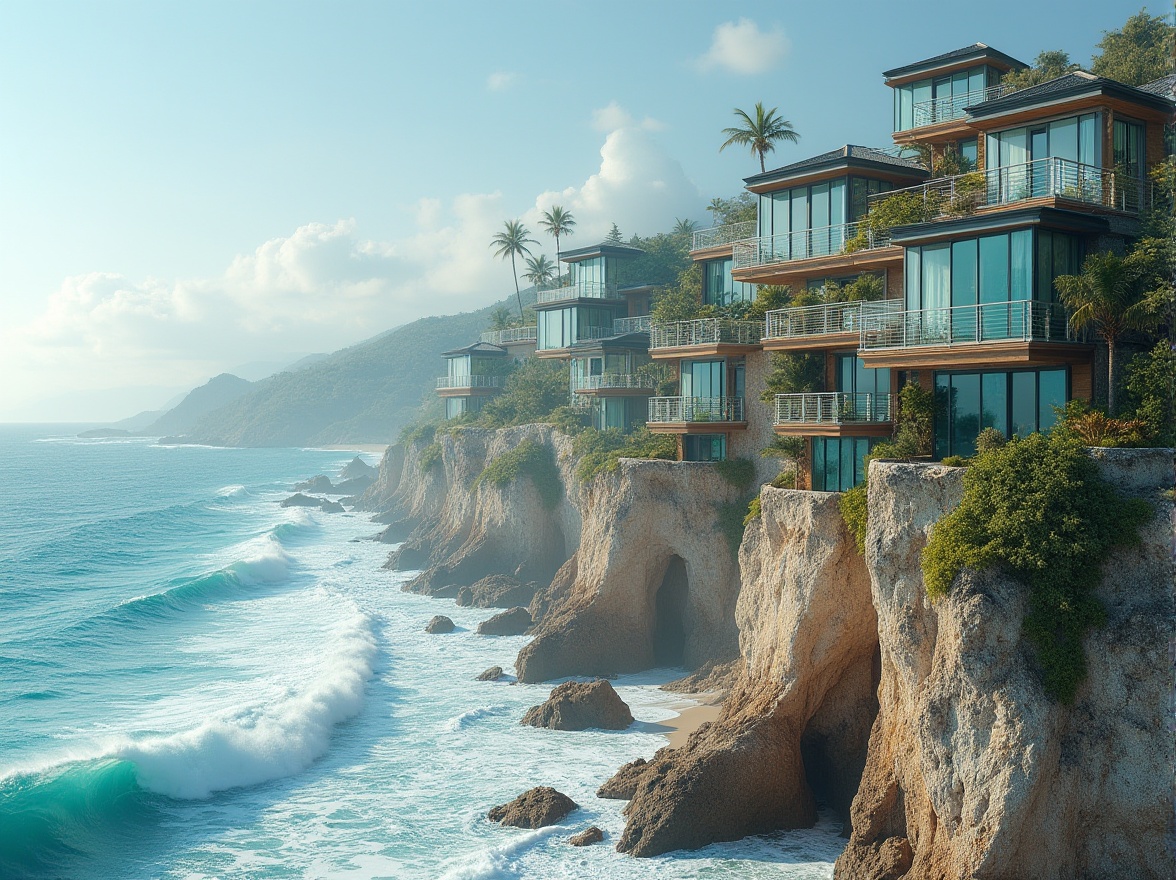 Prompt: Wave-crashing coastline, salty sea air, coral-inspired facade patterns, ocean-blue glass windows, undulating rooflines, driftwood accents, beachy keystone walls, tidal-force-resistant materials, hurricane-proof structures, solar-powered architecture, seaweed-green roofs, ocean-breeze balconies, nautical-themed railings, shells-shaped ornaments, beach-stone walkways, soft natural lighting, shallow depth of field, 1/2 composition, atmospheric perspective, realistic weathering effects.