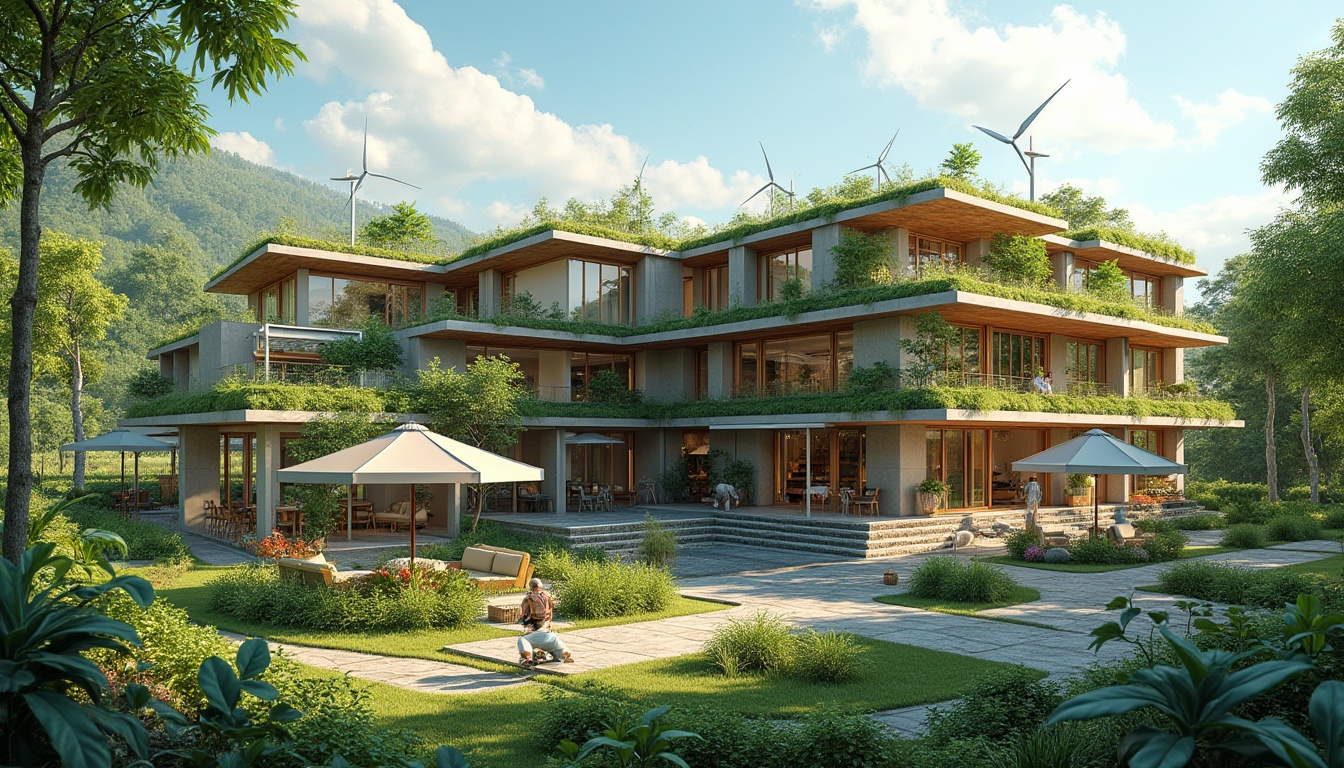 Prompt: Eco-friendly building complex, green roofs, solar panels, wind turbines, water conservation systems, sustainable materials, organic gardens, native plant species, natural stone walls, recycled metal structures, minimalist design, angular lines, modern architecture, open spaces, shaded areas, misting systems, vibrant colorful textiles, intricate geometric motifs, panoramic view, realistic textures, ambient occlusion.