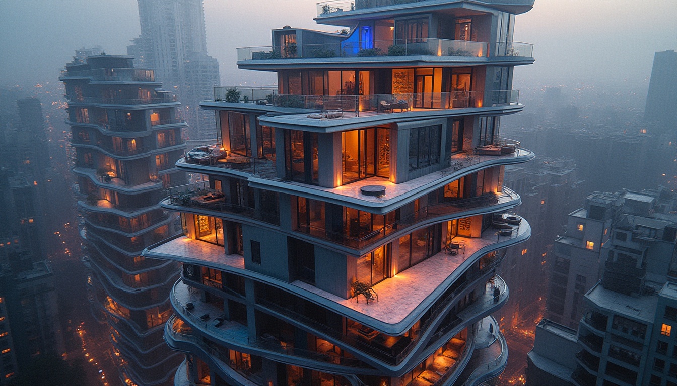 Prompt: Luxurious penthouse, postmodernist architecture, bold colorful fa\u00e7ade, irregular shapes, fragmented forms, multiple balconies, cantilevered structures, sleek metal railings, vibrant glass panels, abstract artistic patterns, LED lighting installations, futuristic ambiance, urban cityscape, concrete jungle, misty morning atmosphere, high-angle shot, dramatic shadows, 1/2 composition, cinematic lighting, realistic reflections.