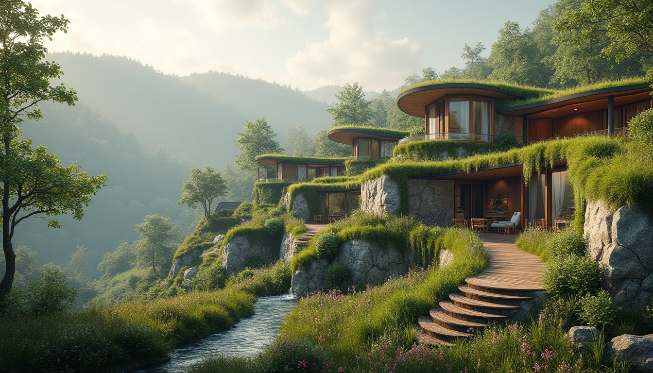 Prompt: Curved green roofs, lush vegetation, natural stone walls, wooden decks, cantilevered structures, transparent glass railings, seamless transitions, harmonious color palette, soft warm lighting, shallow depth of field, 3/4 composition, panoramic view, realistic textures, ambient occlusion, rolling hills, serene lakeside, misty forests, winding pathways, wildflower meadows, rustic wooden bridges, weathered stone benches, organic forms, sustainable design, eco-friendly materials, innovative water features.