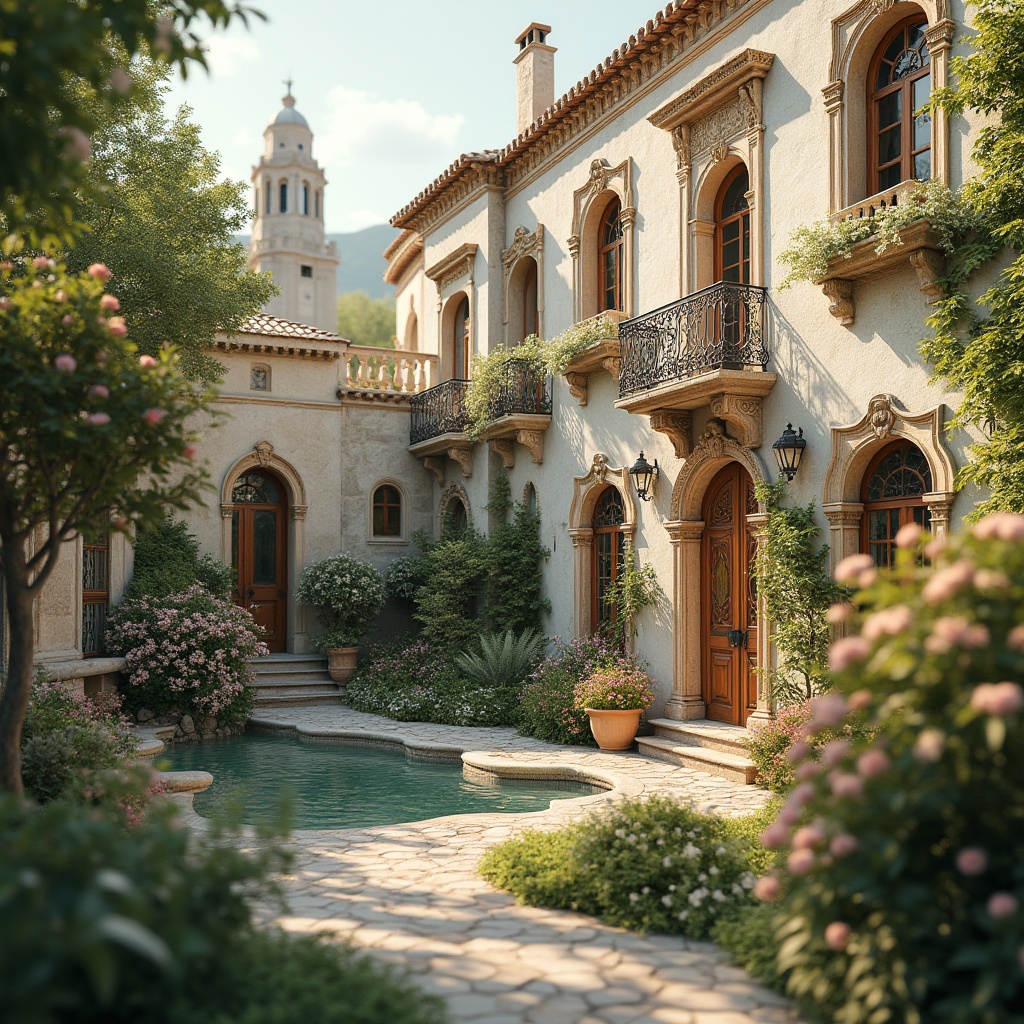 Prompt: Whimsical European-style villa, ornate stone carvings, delicate ironwork balconies, stained glass windows, intricate wooden doorways, soft pastel color palette, lush greenery, blooming flowers, winding stone pathways, serene water features, picturesque gazebo, warm golden lighting, shallow depth of field, 1/2 composition, atmospheric perspective, realistic textures, subtle ambient occlusion.