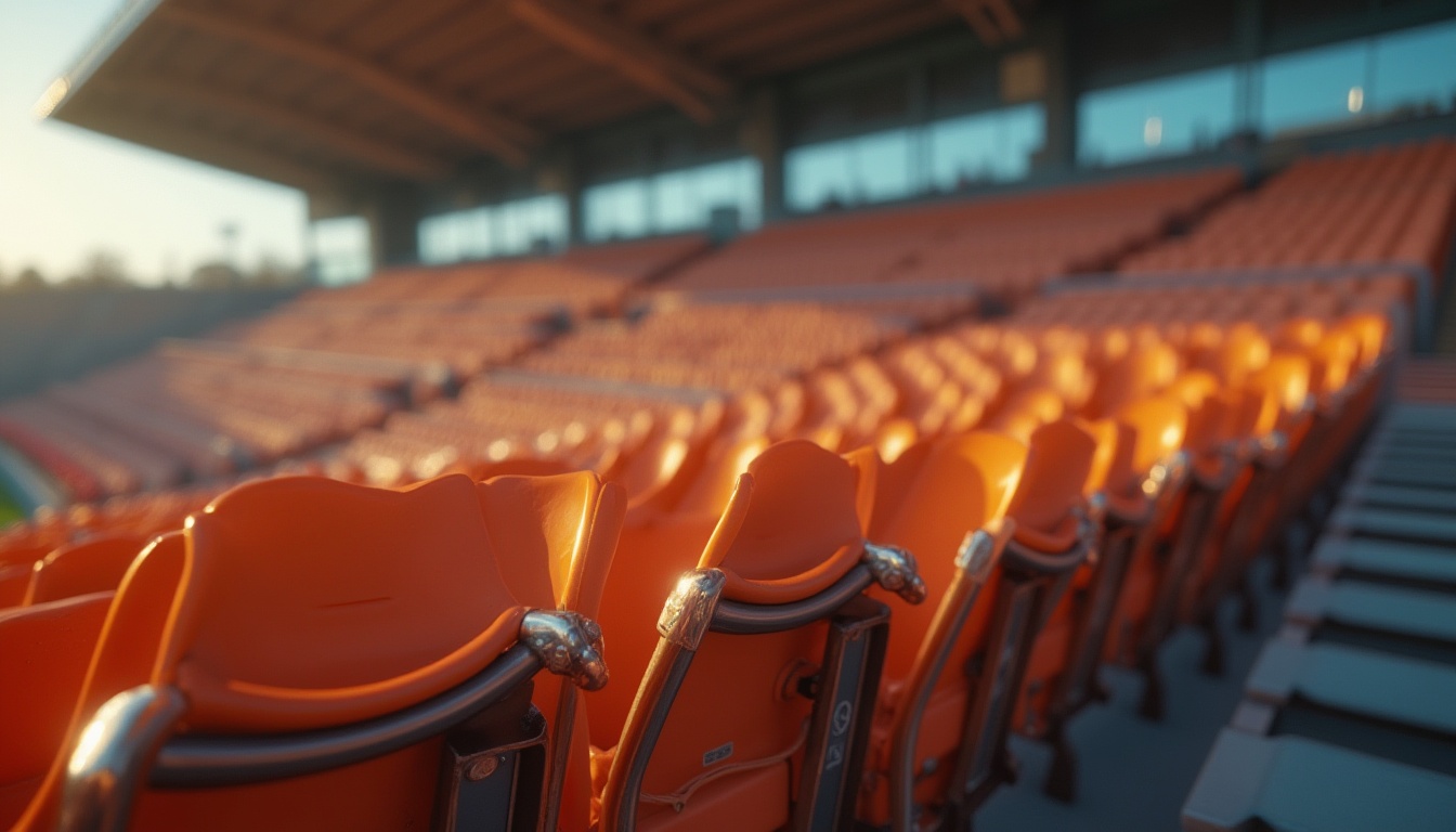 Prompt: Cozy stadium seating, gentle curves, ergonomic design, cushioned chairs, sturdy metal frames, vibrant team colors, tiered platforms, excellent sightlines, unobstructed views, ample legroom, soft ambient lighting, subtle shading, 1/2 composition, shallow depth of field, realistic textures, warm atmosphere, excited crowd.