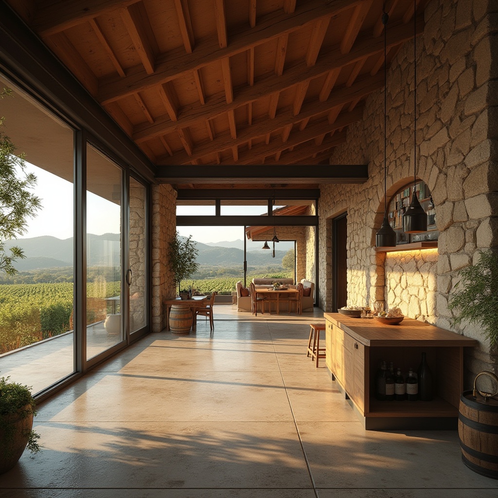 Prompt: Rustic winery, modernist architecture, earthy tones, wooden accents, stone walls, large windows, sliding glass doors, vineyard views, rolling hills, sunny afternoon, warm soft lighting, shallow depth of field, 3/4 composition, panoramic view, realistic textures, ambient occlusion, curved lines, minimalist decor, industrial chic, reclaimed wood, metal beams, sleek furnishings, wine barrels, cellar doors, vintage winemaking equipment.