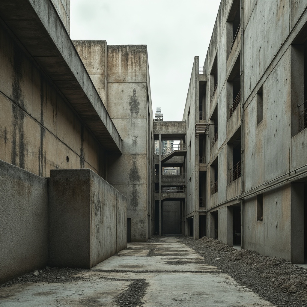 Prompt: Gritty brutalist architecture, rough concrete textures, industrial materials, weathered steel beams, exposed ductwork, rugged stone walls, minimalist color scheme, muted earth tones, cold grey hues, warm beige accents, bold black outlines, functional design elements, geometric shapes, clean lines, urban cityscape background, overcast skies, dramatic shadows, low-key lighting, high contrast ratios, cinematic composition, gritty realistic textures.