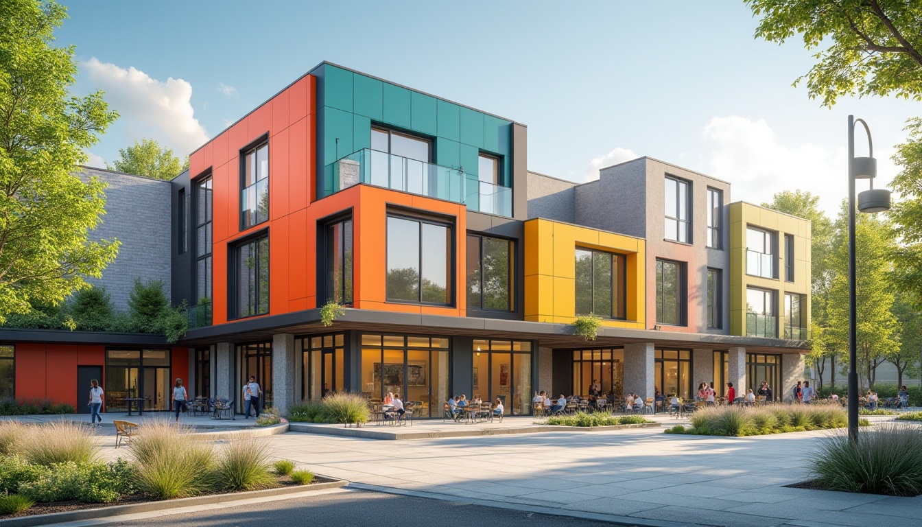 Prompt: Vibrant community center facade, dynamic angular lines, bold color blocking, natural stone cladding, large glass windows, sliding doors, cantilevered rooflines, modern minimalist design, eco-friendly materials, green roofs, outdoor seating areas, landscaped gardens, pedestrian pathways, sunny day, soft warm lighting, shallow depth of field, 3/4 composition, realistic textures, ambient occlusion.