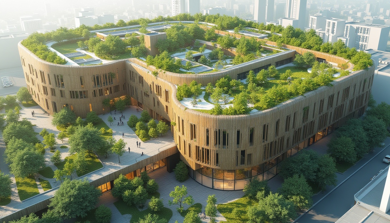 Prompt: Eco-friendly building, green roofs, solar panels, rainwater harvesting systems, recycled materials, low-carbon footprint, energy-efficient windows, natural ventilation systems, organic shapes, curvaceous lines, minimalist aesthetic, earthy color palette, lush vegetation, living walls, urban agriculture, community gardens, public art installations, walkable neighborhoods, bike-friendly infrastructure, reduced waste management, repurposed industrial spaces, adaptive reuse, historic preservation, cultural heritage integration, contextual sensitivity, climate-responsive design, resilient structures, disaster-resistant construction.