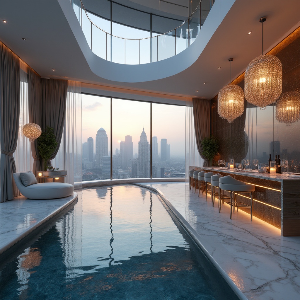 Prompt: Luxurious modern villa, sleek reflective glass fa\u00e7ade, polished chrome accents, minimalist interior design, ambient LED lighting, gleaming marble floors, lavish crystal chandeliers, opulent velvet drapes, sophisticated urban skyline view, misty morning atmosphere, softbox lighting, shallow depth of field, 1/1 composition, symmetrical architecture, futuristic metallic materials, high-gloss paint finishes, iridescent color schemes, avant-garde decorative motifs.