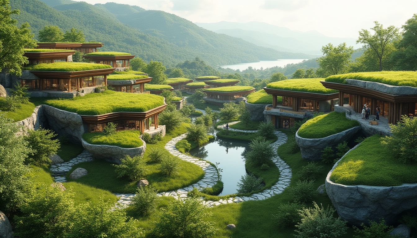 Prompt: \Vibrant green roofs, lush gardens, meandering pathways, natural stone walls, modern architectural forms, cantilevered structures, floor-to-ceiling windows, minimalist design, sustainable energy solutions, solar panels, wind turbines, water conservation systems, eco-friendly materials, innovative cooling technologies, shaded outdoor spaces, misting systems, serene lake views, rolling hills, dense forests, sunny day, soft warm lighting, shallow depth of field, 3/4 composition, panoramic view, realistic textures, ambient occlusion.\