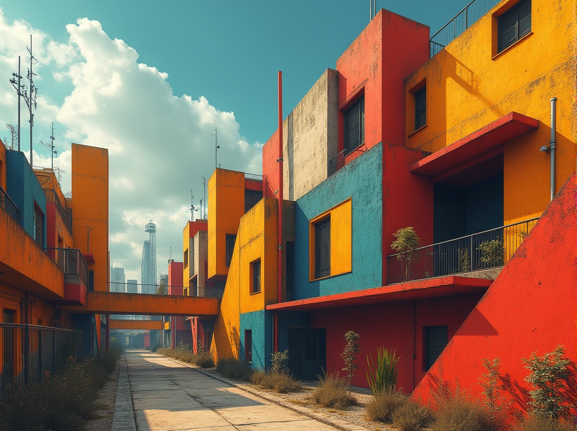 Prompt: Vibrant constructivist buildings, bold geometric shapes, abstract patterns, bright primary colors, contrasting textures, industrial materials, exposed pipes, metallic accents, urban cityscape, cloudy blue sky, dramatic shadows, high-contrast lighting, sharp angular lines, futuristic atmosphere, 3D graphic forms, overlapping volumes, fragmented structures, dynamic diagonal compositions, moody ambient occlusion.