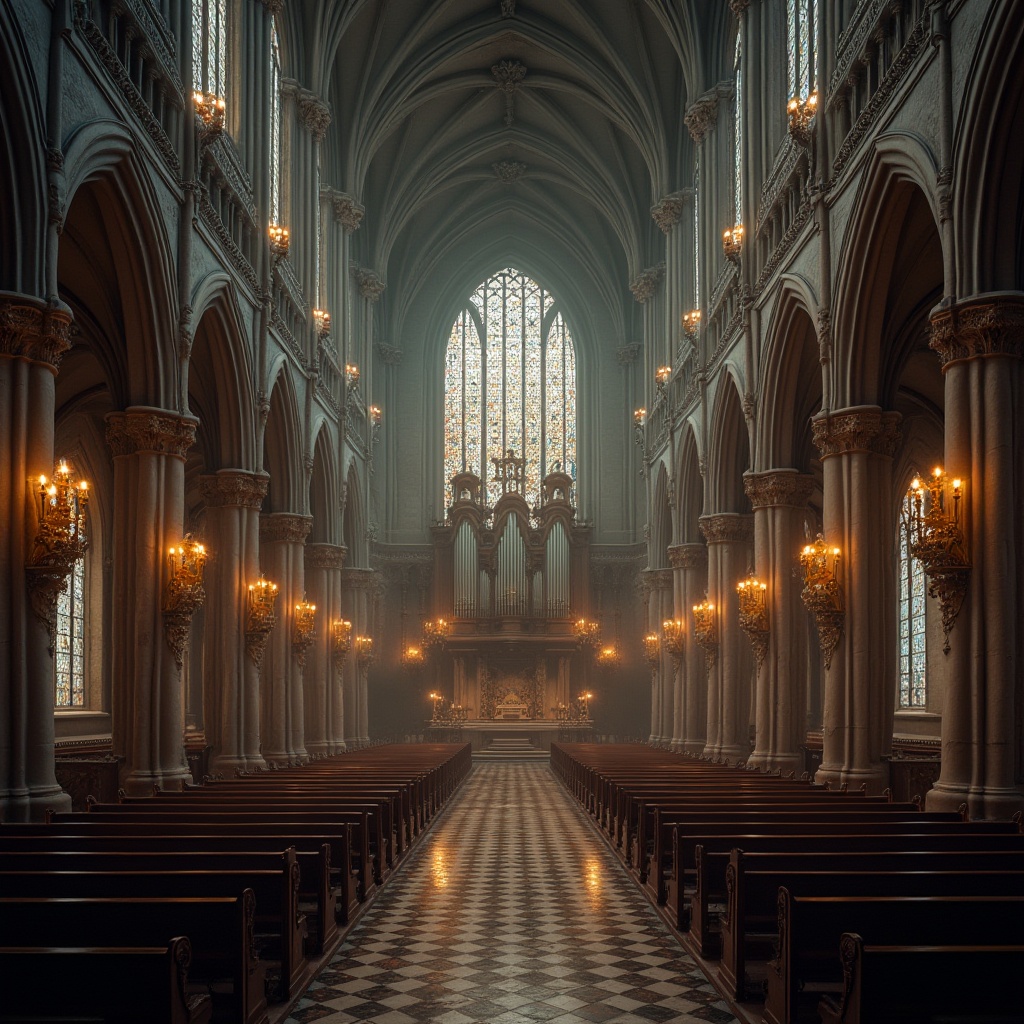 Prompt: Grand Gothic cathedral, vaulted ceilings, ribbed arches, stained glass windows, intricate stone carvings, ornate wooden pews, majestic pipe organs, dramatic chandeliers, lavish furnishings, rich textiles, opulent drapery, mysterious ambiance, warm candlelight, soft focus, atmospheric fog, 1/1 composition, symmetrical framing, realistic reflections, ambient Occlusion.