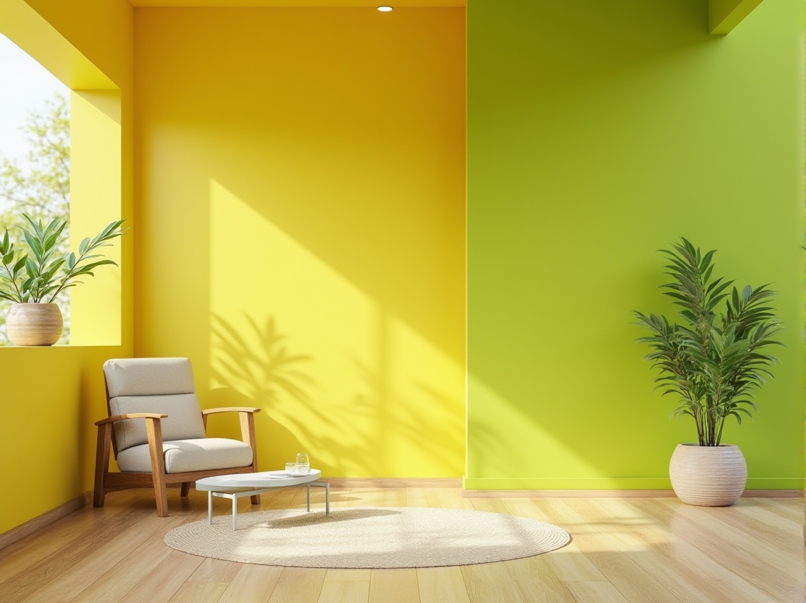 Prompt: Vibrant lime green accent walls, bold citrus hues, pastel yellow undertones, neutral beige backgrounds, rich wood textures, modern minimalist furniture, sleek metal decor, natural stone flooring, abundant daylight, warm sunny ambiance, shallow depth of field, 1/1 composition, realistic renderings, ambient occlusion.