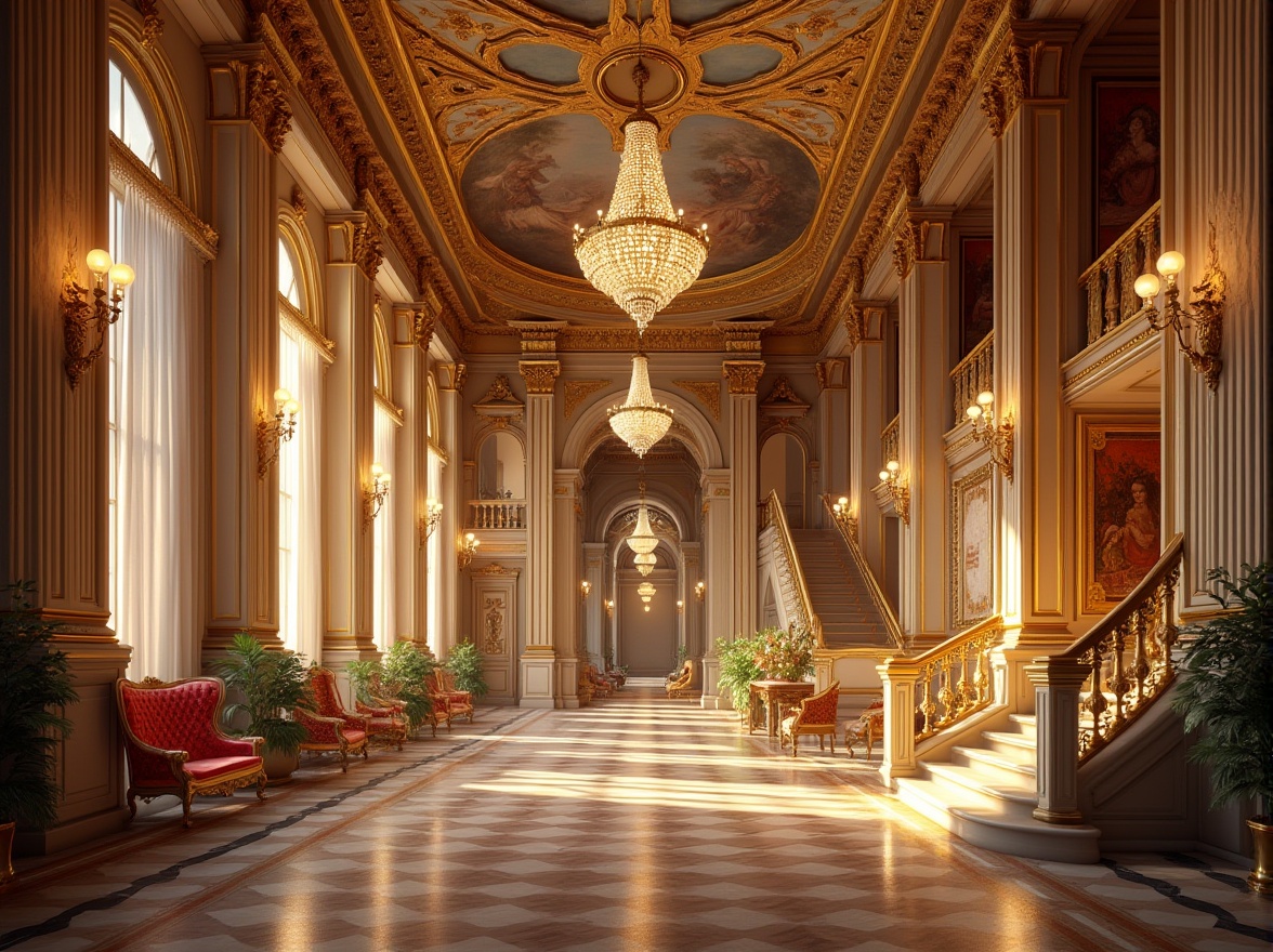 Prompt: Opulent baroque palace, grandiose staircases, ornate golden decorations, symmetrical fa\u00e7ades, majestic entrance halls, sweeping archways, dramatic chandeliers, intricate frescoes, lavish furnishings, regal throne rooms, rich velvet drapes, sparkling crystal chandeliers, imposing stone columns, harmonious proportions, axial symmetry, classical orders, grandiose domes, panoramic views, warm golden lighting, shallow depth of field, 1/2 composition, realistic textures, ambient occlusion.